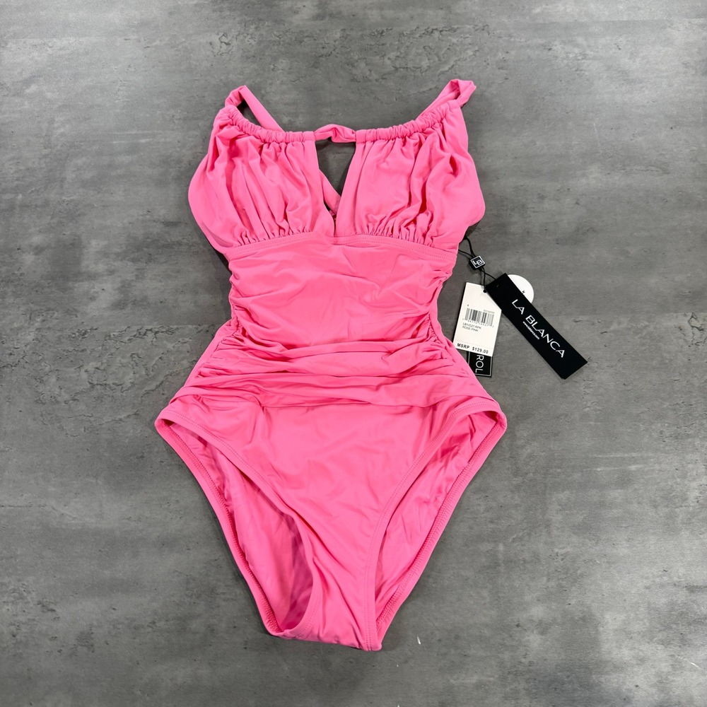 La Blanca Swimsuit 4 Island Goddess High Neck Keyhole Pink Tummy Control Ruched